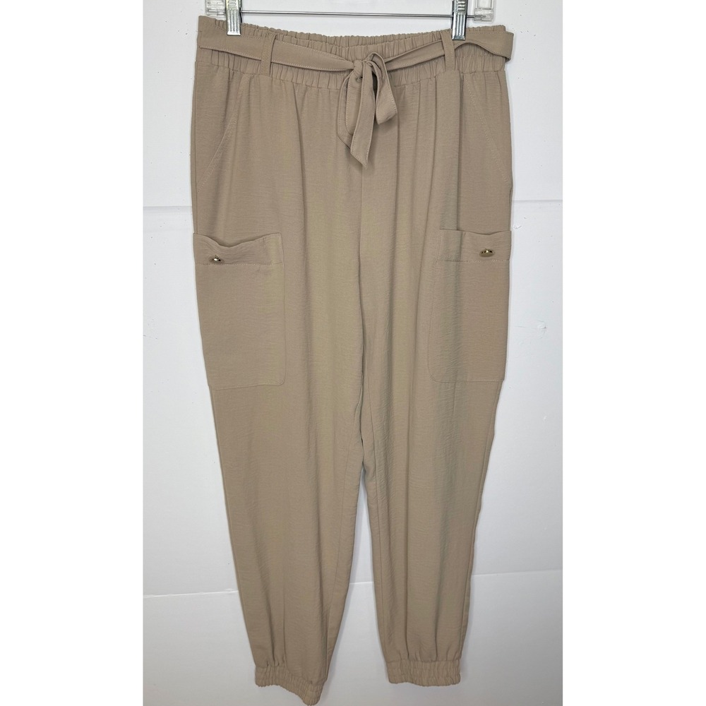 NYCC Jogger Cargo Pants Women L Beige Tie Waist Utility Pocket Minimalist Chic
